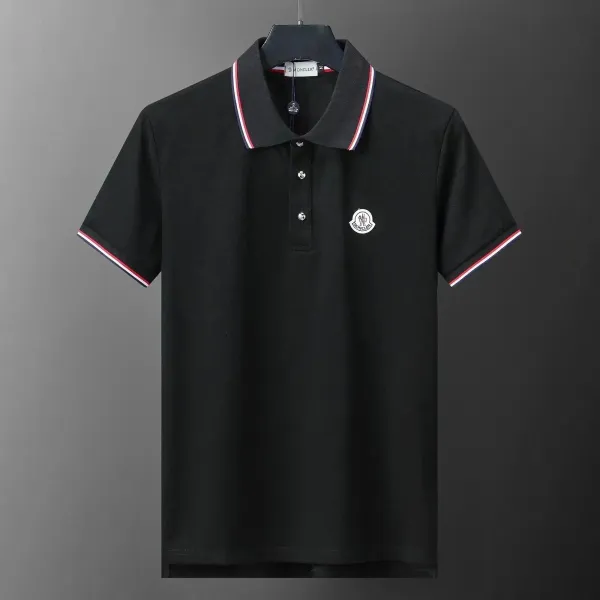 Moncler Logo Embroidered Black Polo with Tricolor Trim - 1