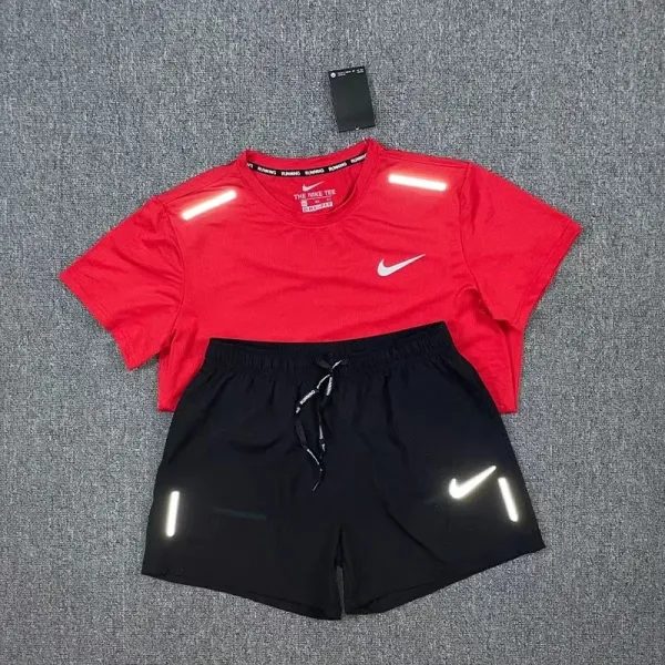 Nike Running Reflective T-Shirt and Shorts Set Red/Black Activewear - 1