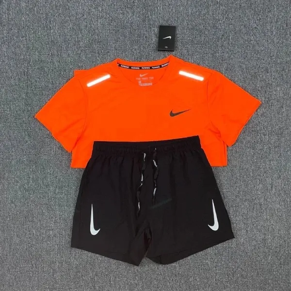 Nike Running Reflective T-Shirt and Shorts Set Orange/Black Activewear - 1
