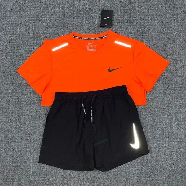 Nike Running Reflective T-Shirt and Shorts Set Orange/Black Activewear - 1