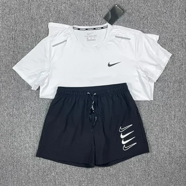 Nike The Nike Tee White + Swoosh Logo Shorts Black Activewear Set - 1