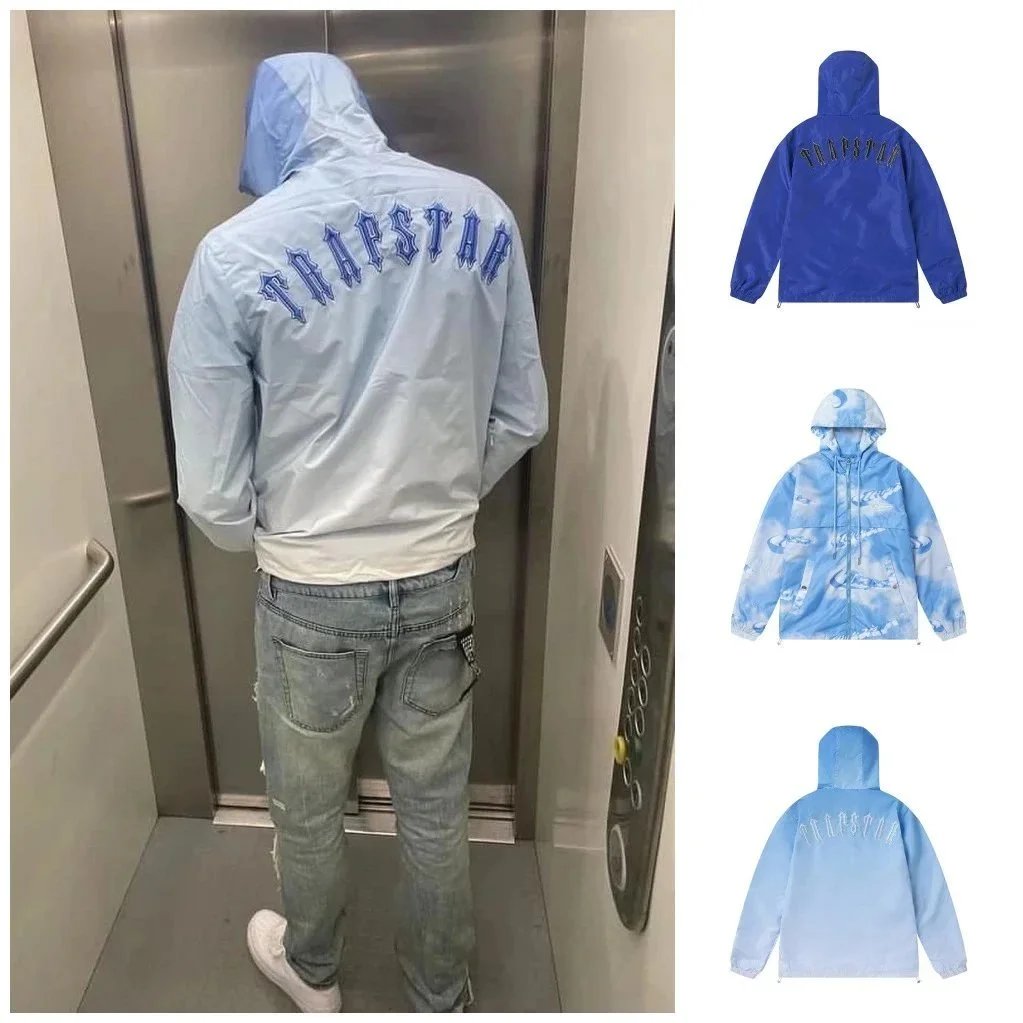 渐变蓝色刺绣户外冲锋衣情侣款防风工装夹克连帽外套-SR【AGT】 - 131466