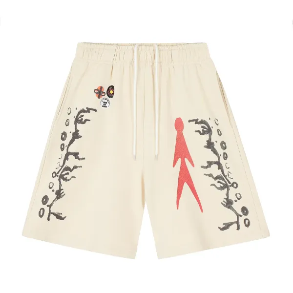 Design Abstract Print Drawstring Waist Shorts Beige - 4
