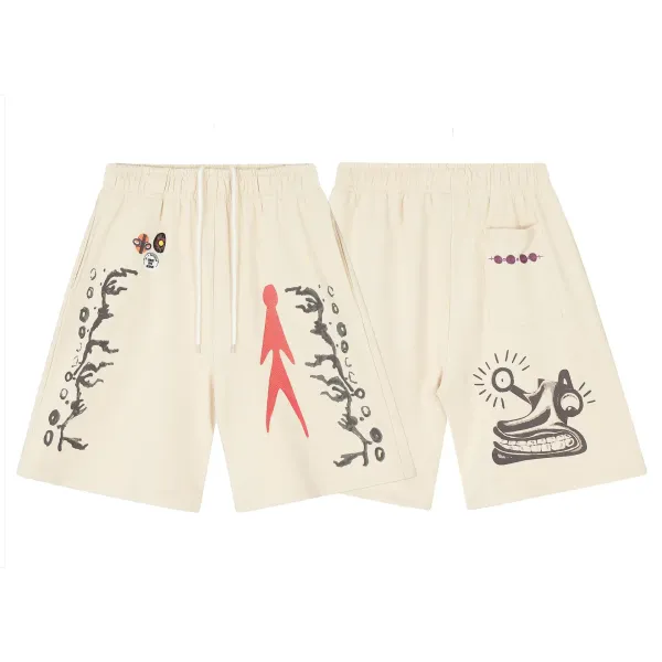 Design Abstract Print Drawstring Waist Shorts Beige - 1