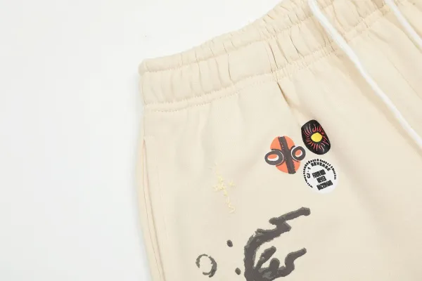 Design Abstract Print Drawstring Waist Shorts Beige - 9