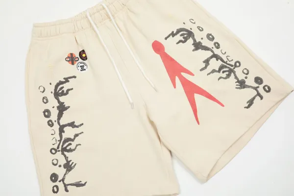 Design Abstract Print Drawstring Waist Shorts Beige - 7