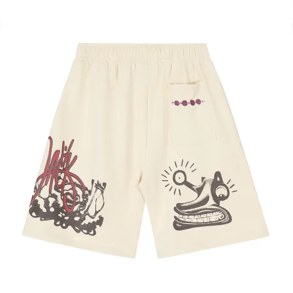 Design Abstract Print Drawstring Waist Shorts Beige - 5