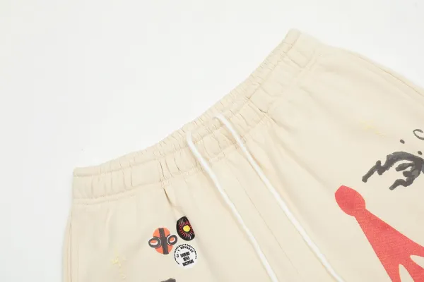 Design Abstract Print Drawstring Waist Shorts Beige - 10
