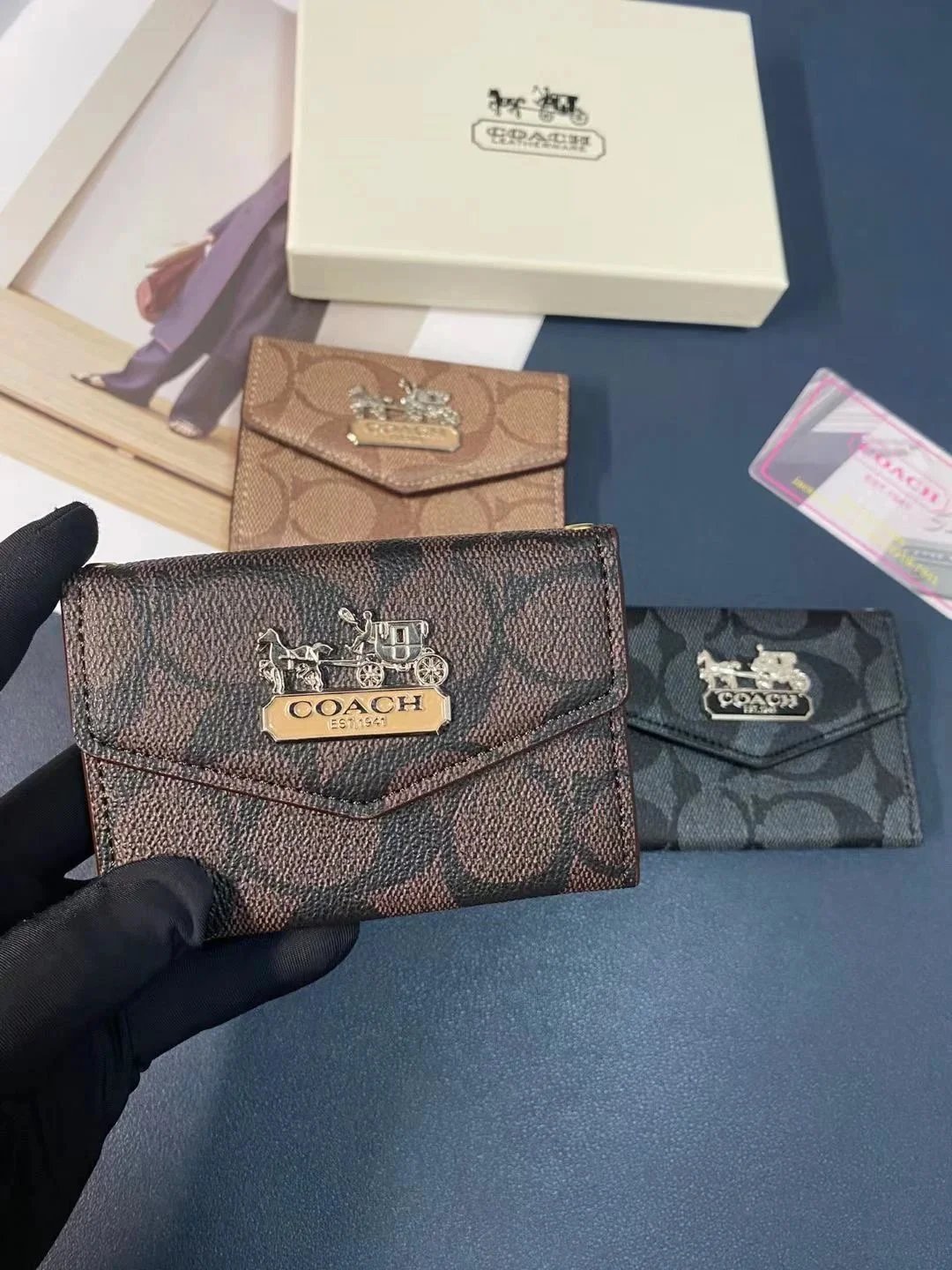 Coach Signature Print Envelope Card Holder Brown Wallet - 7