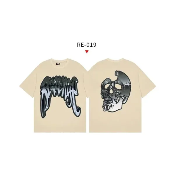 Revenge RE-019 Skull Graphic Beige T-Shirt - 1