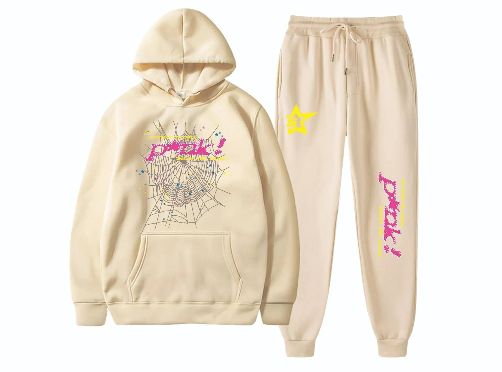 Spider! Spider Web Graphic Hoodie and Sweatpants Set Beige & Black - 31