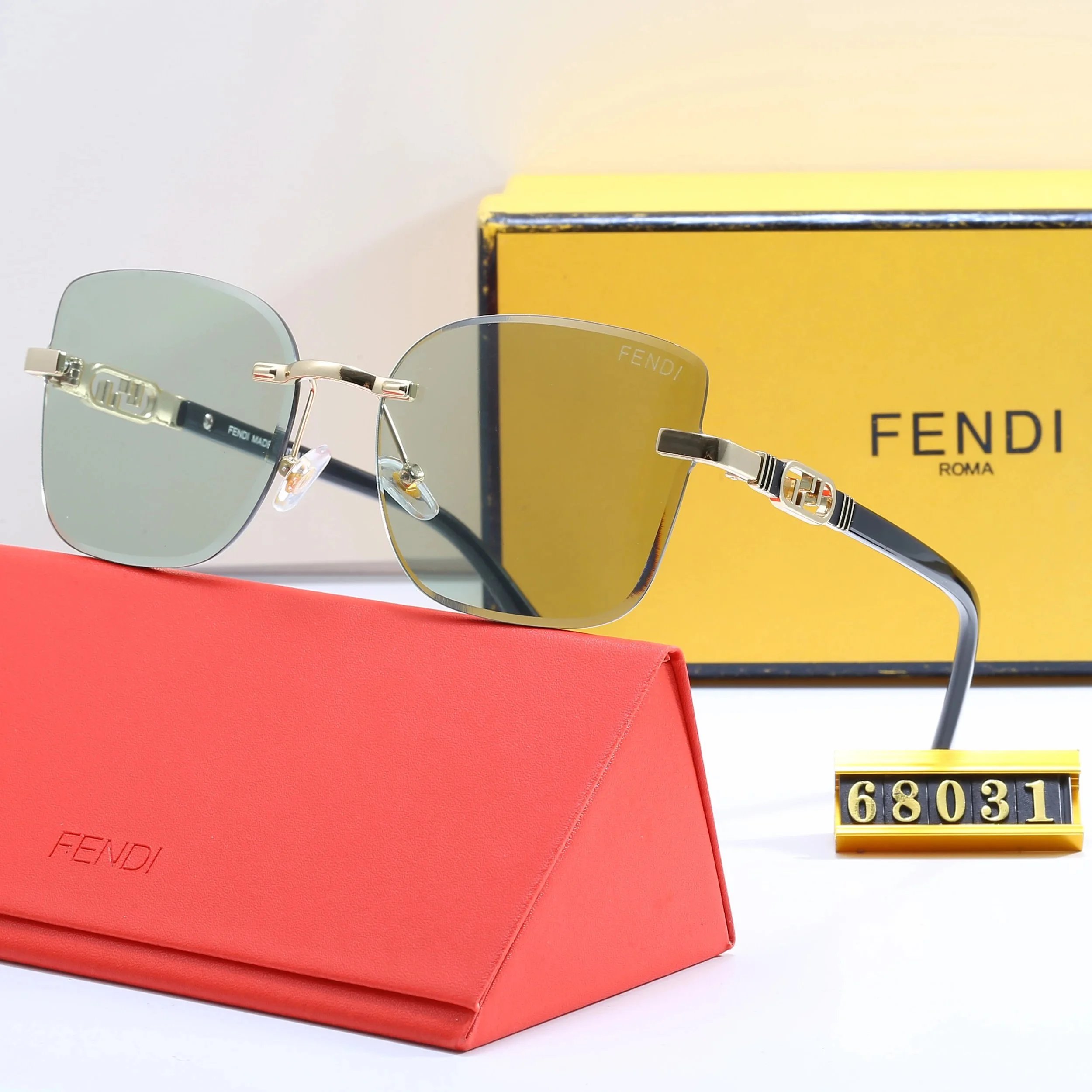 Fendi Rimless Sunglasses With FF Logo Gold-Tone Frame Gradient Green-Yellow Lenses Eyewear - 1