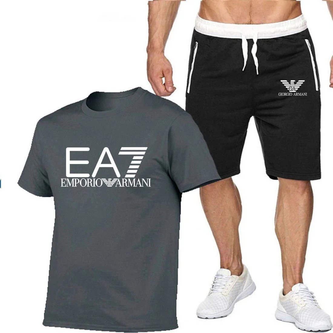 Emporio Armani Matching Sets EA7 logo T-shirt and drawstring zip-pocket shorts set — 11