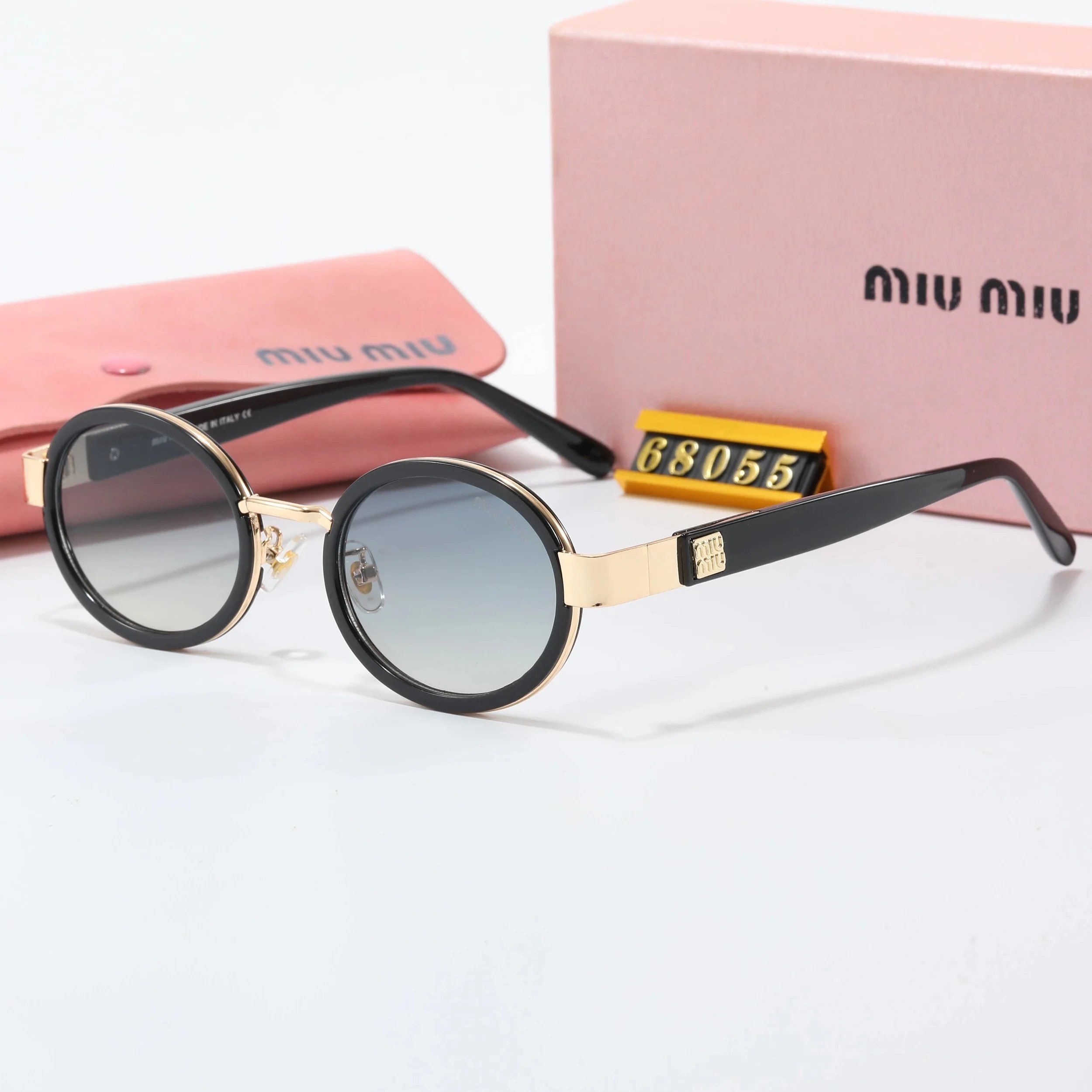Miu Eyewear Oversized rimless shield sunglasses with gold logo temples — 18