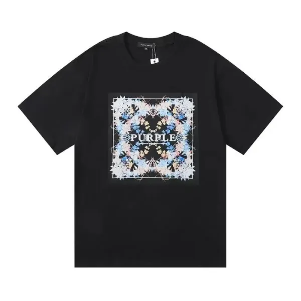 Purple Brand Floral Square Print Black T-Shirt - 1