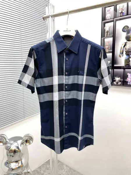Moncler Short-Sleeve Checkered Shirt Navy Blue - 1