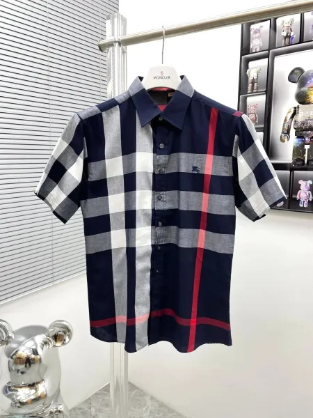 Moncler Checkered Short-Sleeve Shirt Navy Gray Red - 1