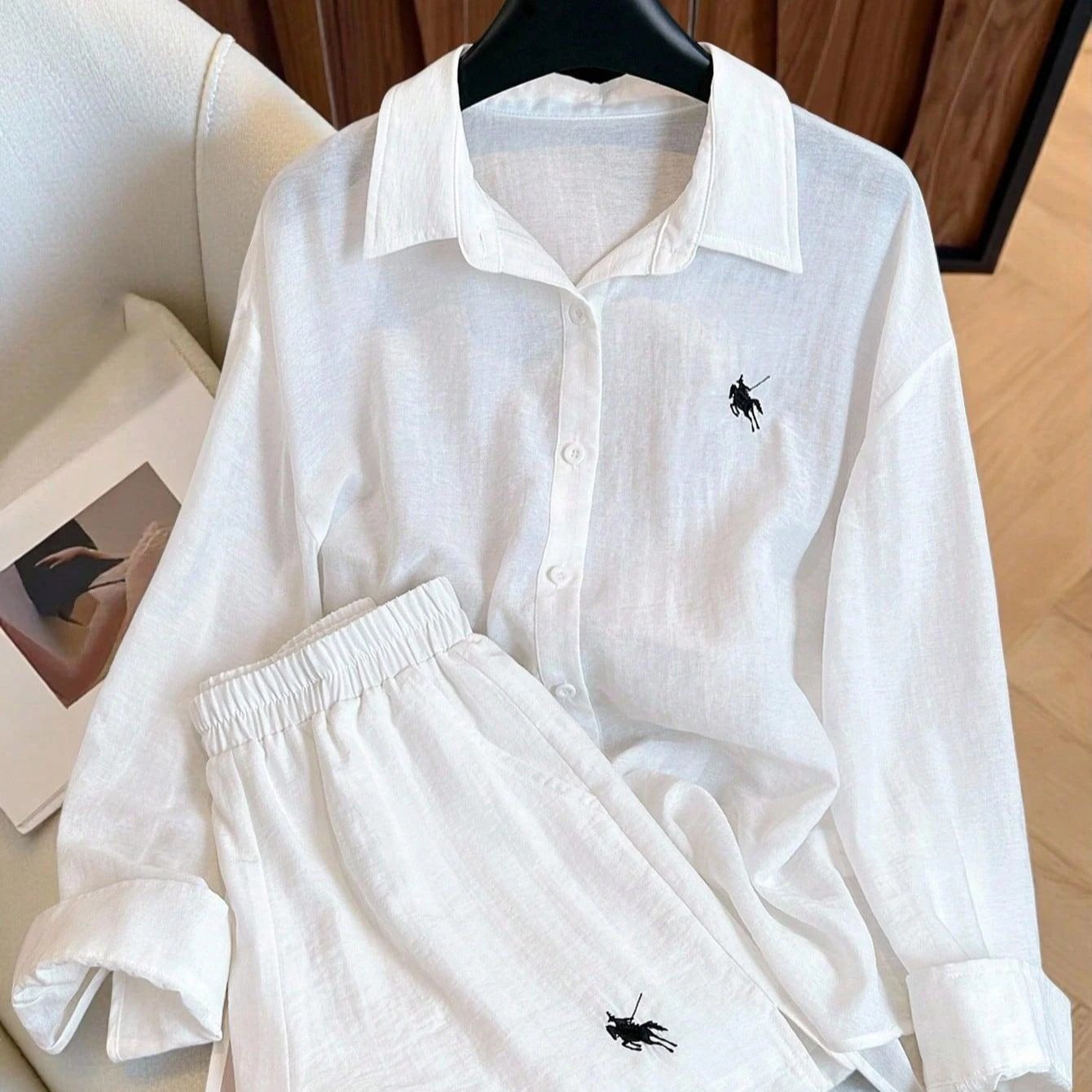Polo Sign Embroidered Shirt Set Women’s Loose Long Sleeve Sunscreen Shirt + Shorts Two Piece Set Casual Vacation