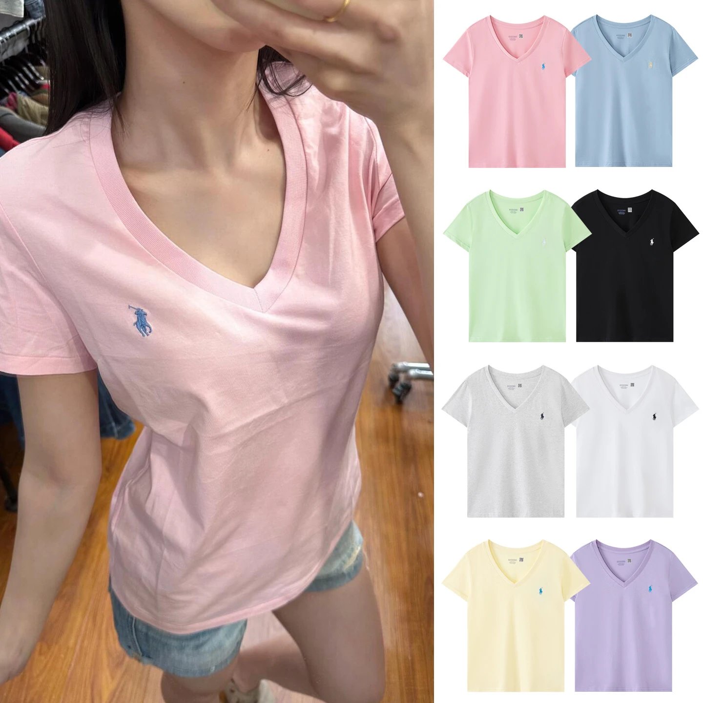 Short Sleeve Summer Classic Pony Embroidered V-Neck Cotton Unisex T-Shirt