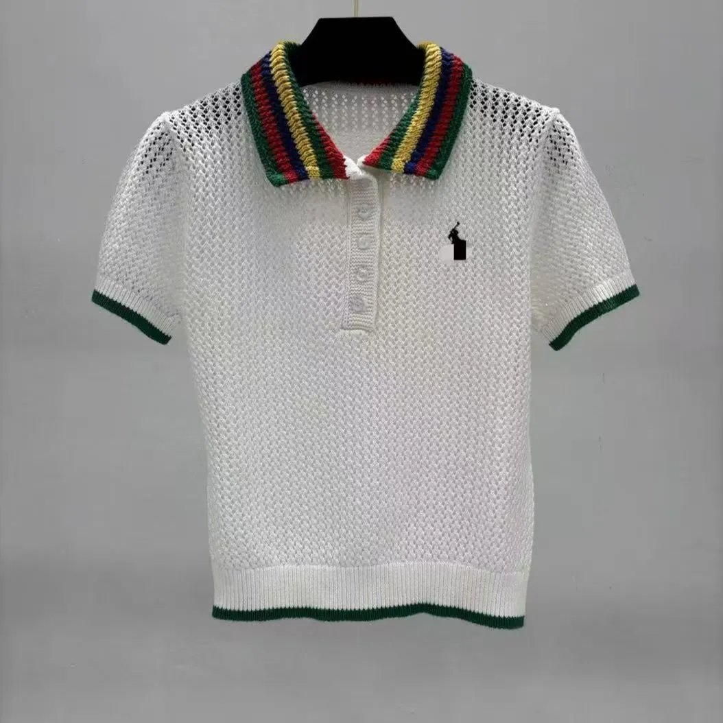 * Cross-border high edition scanning white lapel knitted hollowed-out breathable short sleeve loose casual top South oil embroidery