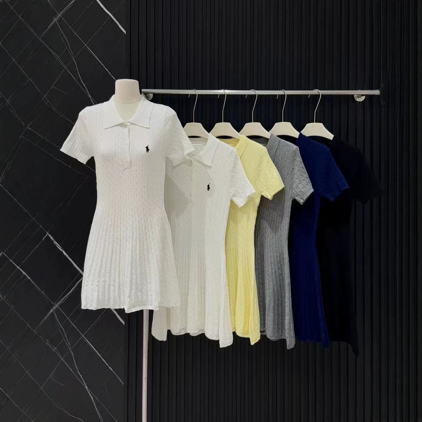 High quality 2026 pony mark twist knit polo dress women lapel collar short sleeve waist slim A-line skirt