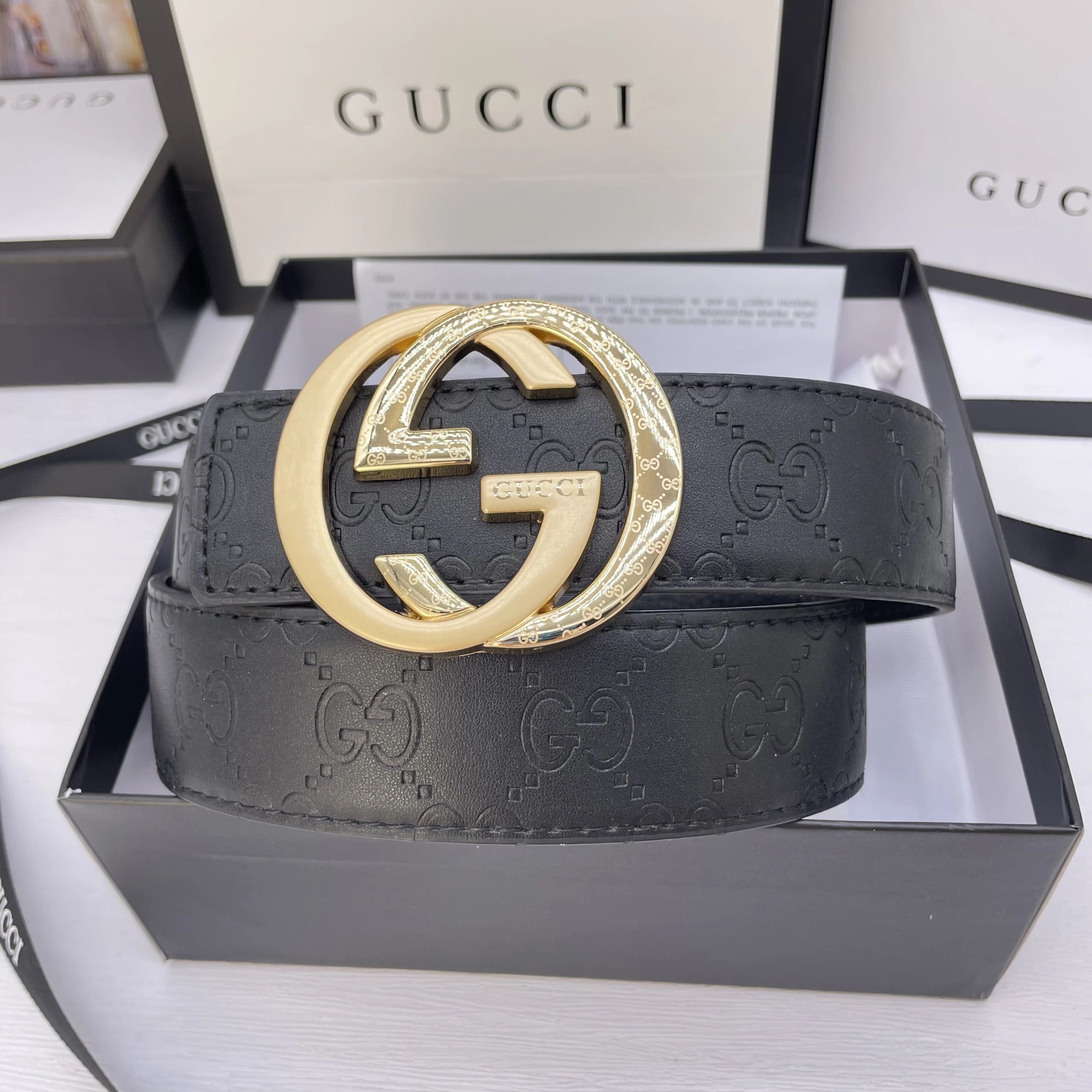 Gucci Belts GG Monogram Belt with Double G Buckle — 34