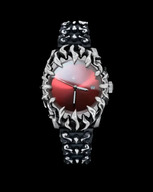 Unbranded Watches Sculpted flame bezel watch with patterned metal bracelet and date window product detail image 5