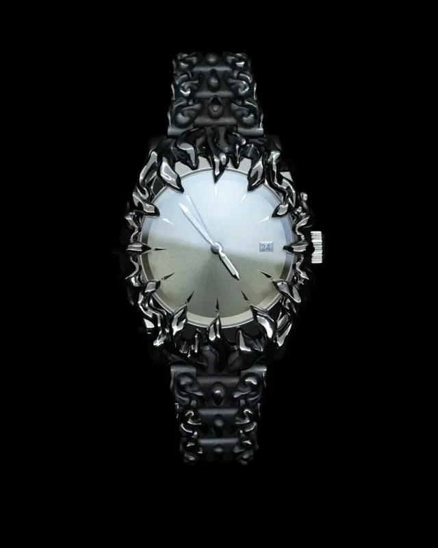 Unbranded Watches Sculpted flame bezel watch with patterned metal bracelet and date window product detail image 2