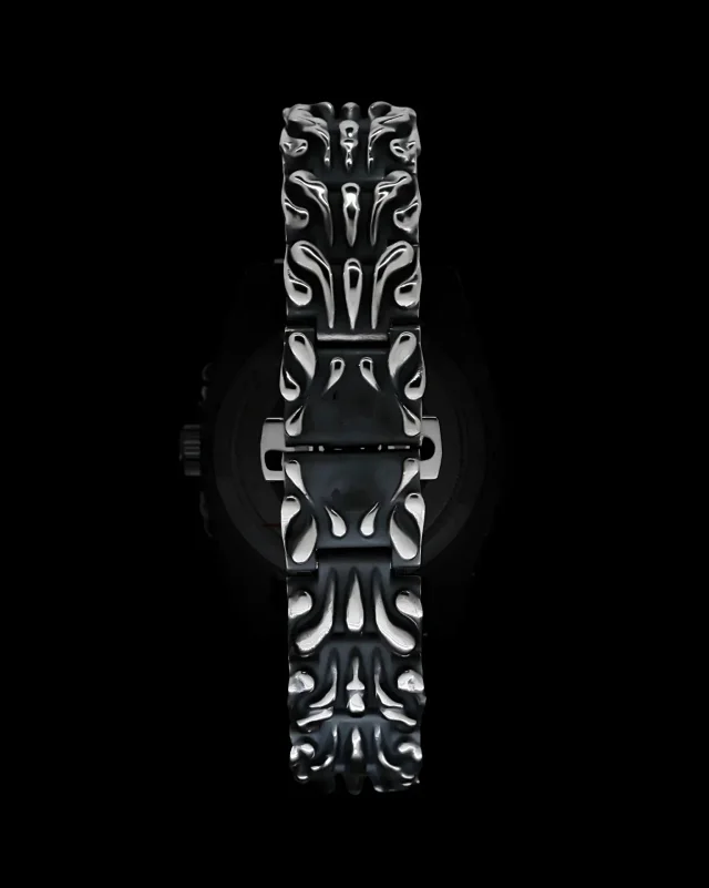 Unbranded Watches Sculpted flame bezel watch with patterned metal bracelet and date window product detail image 1