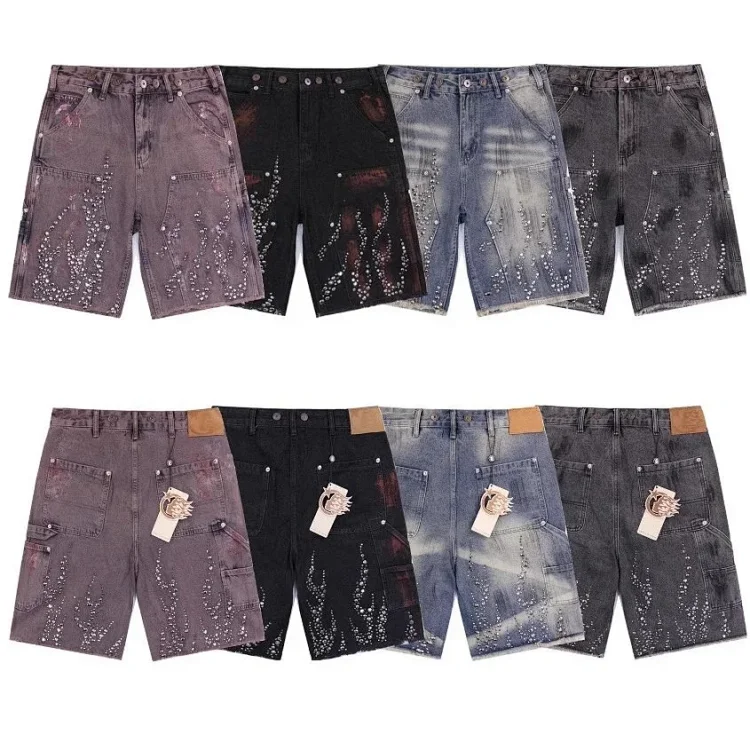 Beautiful trendy hell denim straight-leg five-quarter pants retro casual shorts diamond wash pants street(pic1) Beautiful trendy hell denim straight-leg five-quarter pants retro casual shorts diamond wash pants street