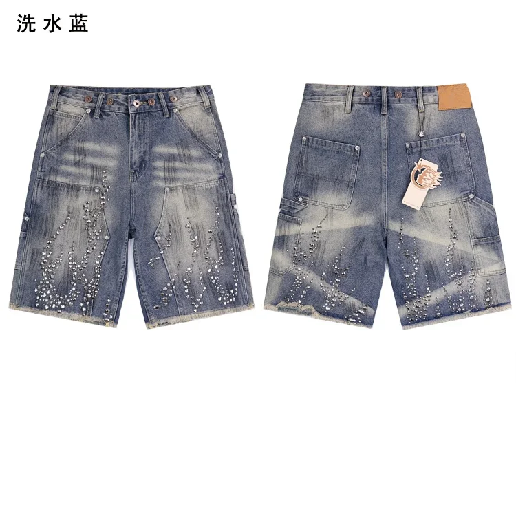 Beautiful trendy hell denim straight-leg five-quarter pants retro casual shorts diamond wash pants street(pic5) Beautiful trendy hell denim straight-leg five-quarter pants retro casual shorts diamond wash pants street