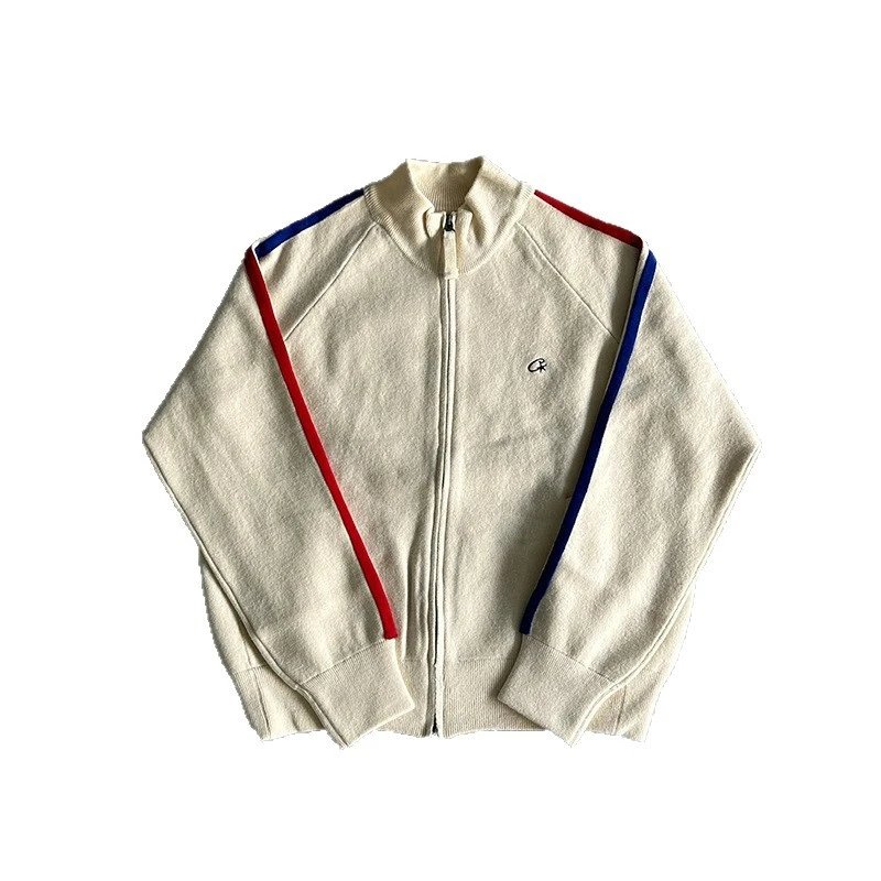 Corteiz Striped Sleeve Zip-Up Knit Jacket Cream product photo 3