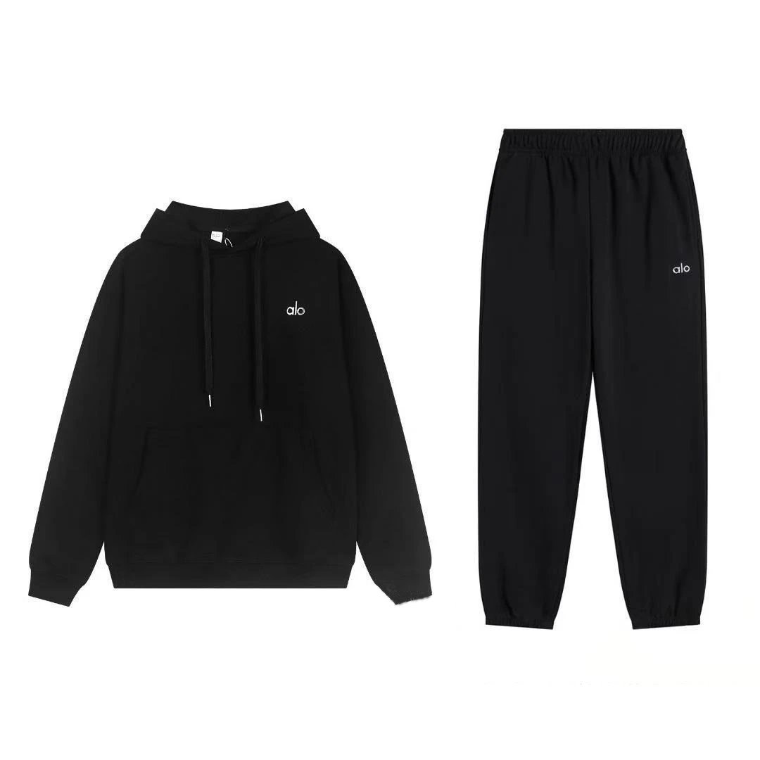 Alo Yoga Tracksuits Hooded sweatshirt and straight-leg pants set — Black hooded jogger- set