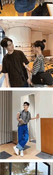 Design Striped Crewneck T-Shirt Brown and Gray - 5