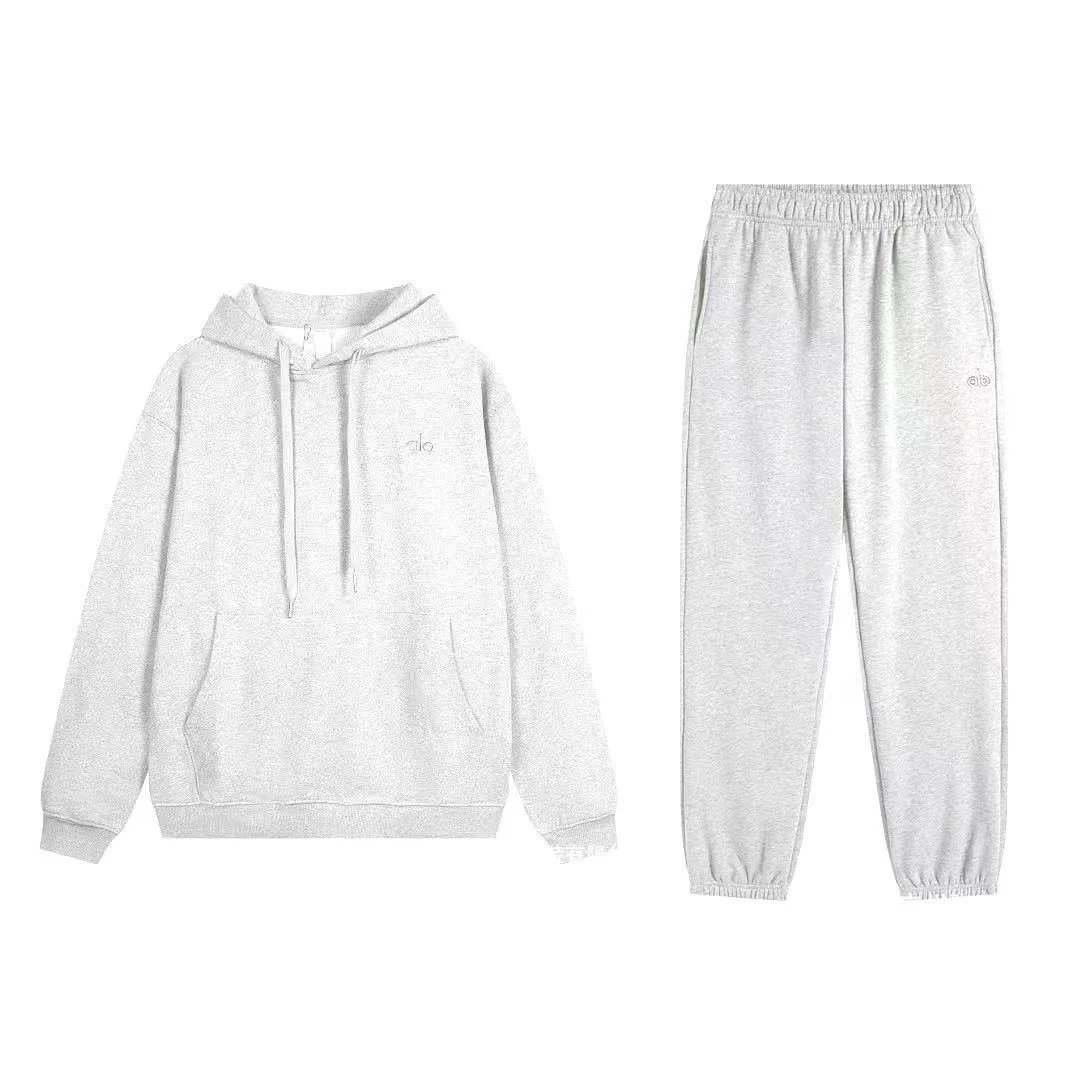 Alo Yoga Tracksuits Hooded sweatshirt and straight-leg pants set — White and gray hooded jogger pants – set