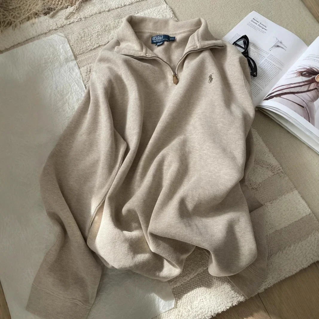 Half-zip loose sweatshirt men's polo couple sweatshirt women's retro long-sleeved lapel