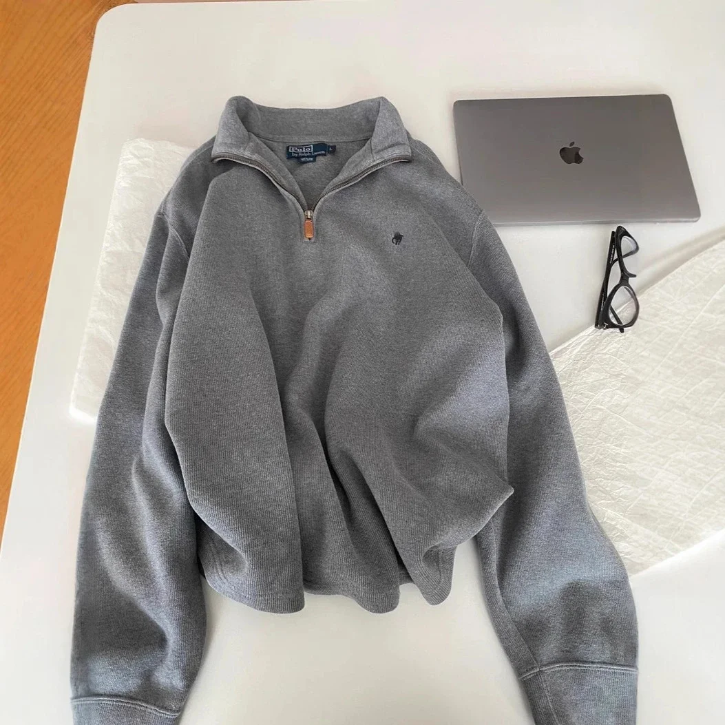 Half-zip loose sweatshirt men's polo couple sweatshirt women's retro long-sleeved lapel
