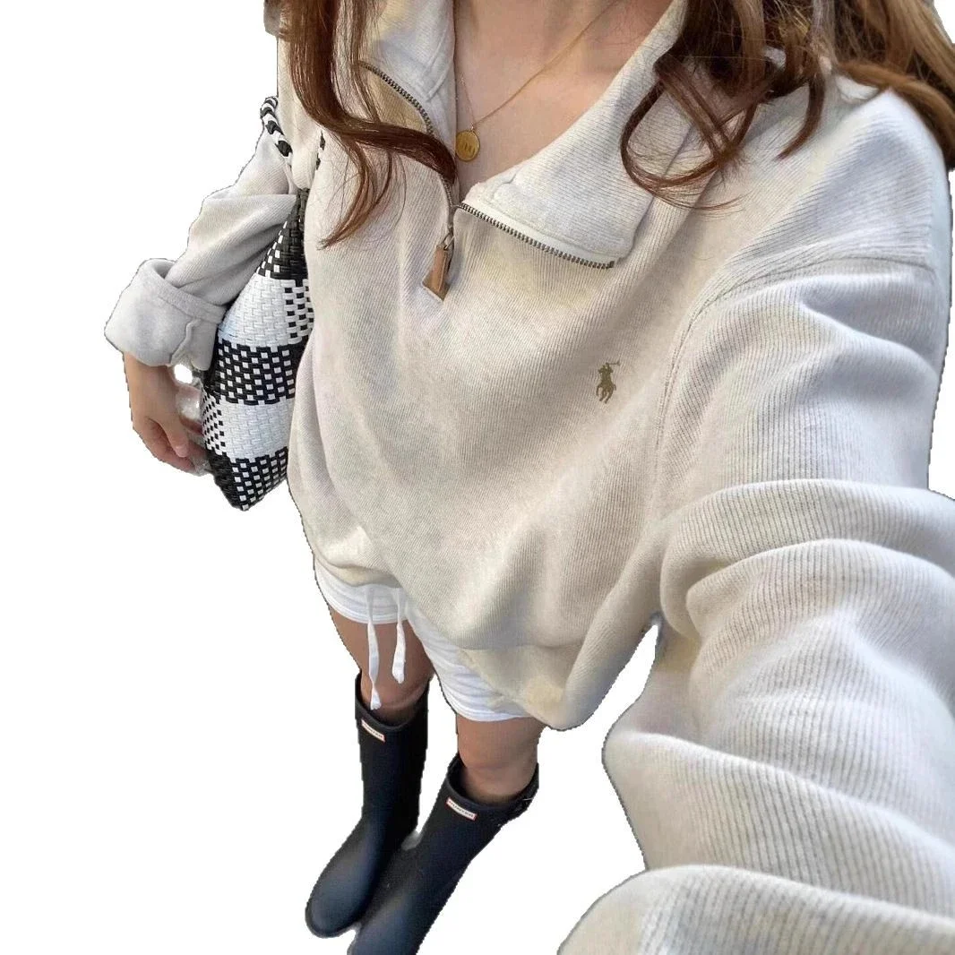 Half-zip loose sweatshirt men's polo couple sweatshirt women's retro long-sleeved lapel