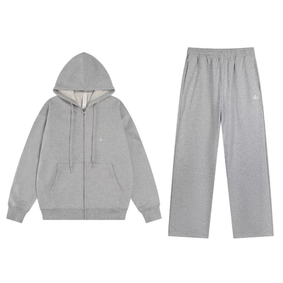 Alo Yoga Tracksuits Hooded sweatshirt and straight-leg pants set — Gray Full-Zip Straight-Leg – Set