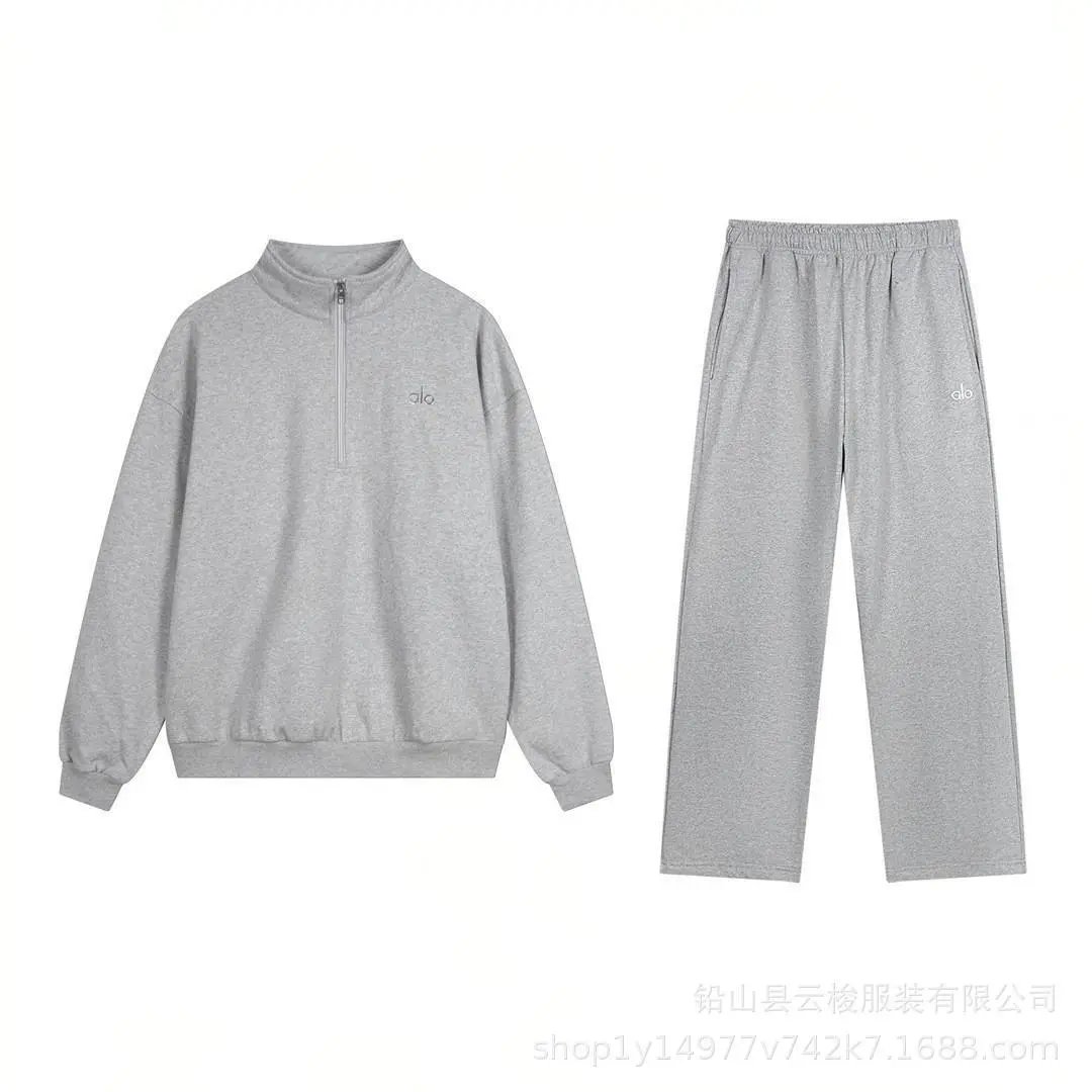 Alo Yoga Tracksuits Hooded sweatshirt and straight-leg pants set — Gray Half-Zip Straight-Leg – Set