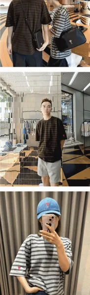 Design Striped Crewneck T-Shirt Brown and Gray - 4