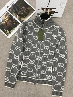 thumbnail for 高版本新款毛巾绣立领拉链双G满印针织羊毛开衫