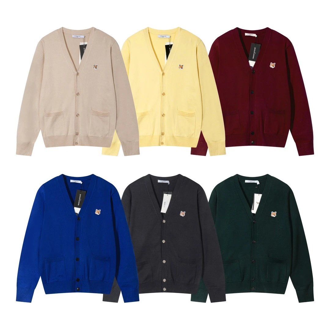 Autumn and winter fox animal embroidery badge cardigan button sweater men's and women's V-neck sweater