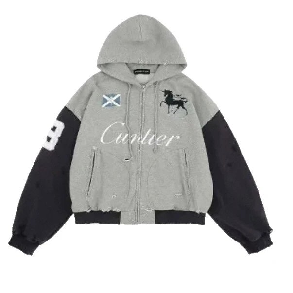 Jimo War Horse Patched Washed Distressed Embroidered Zip-Up Hoodie Coat