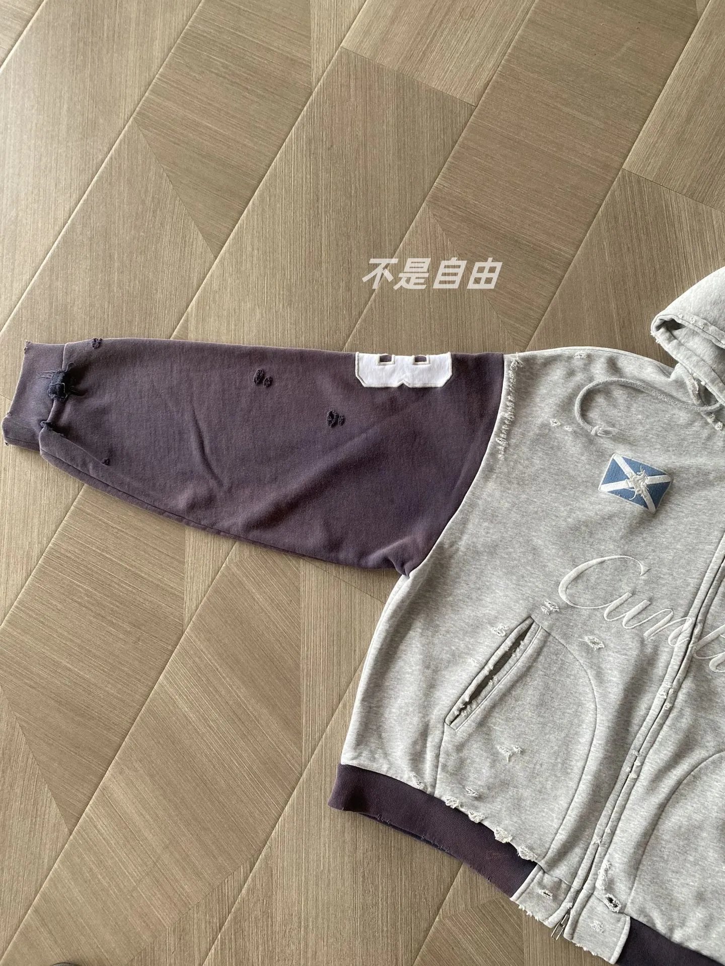 Patchwork Distressed Embroidered Zip Hoodie Jacket photo 7
