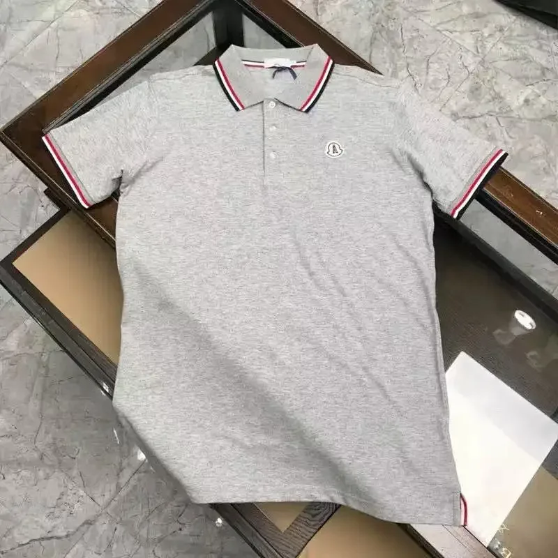 Moncler Tricolor Trim Felt Logo Polo Shirt Grey