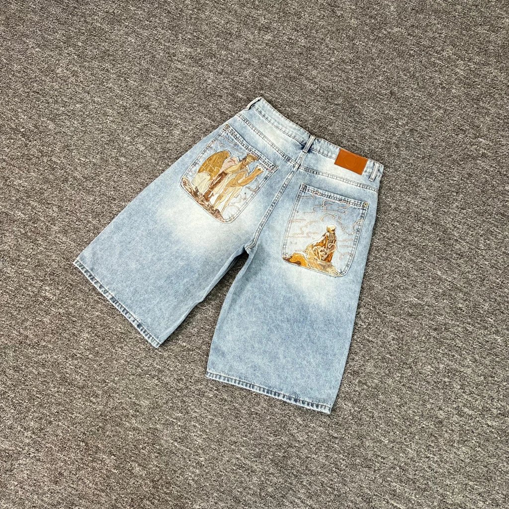 013 Camel Embroidered Denim Shorts (Light Blue)