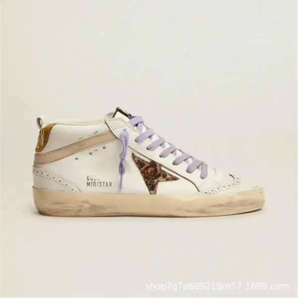 Golden Goose Mid / Star White Distressed Leather Sneakers with Purple Laces and Star Patch - 1