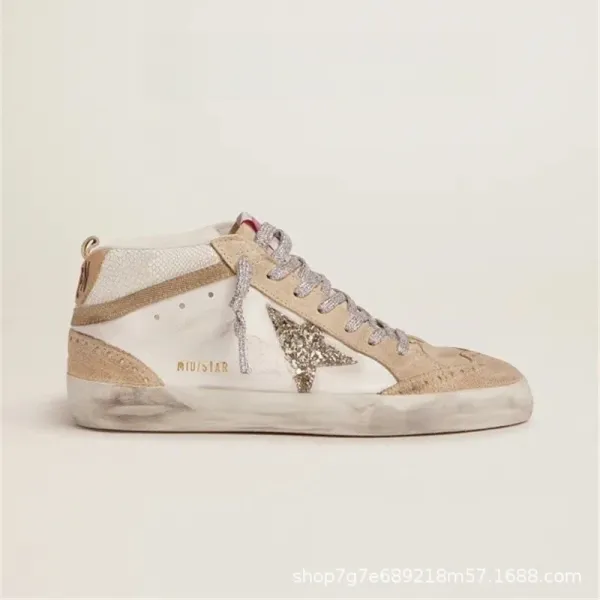 Golden Goose Mid Star Glitter Star Beige and White Sneakers - 1