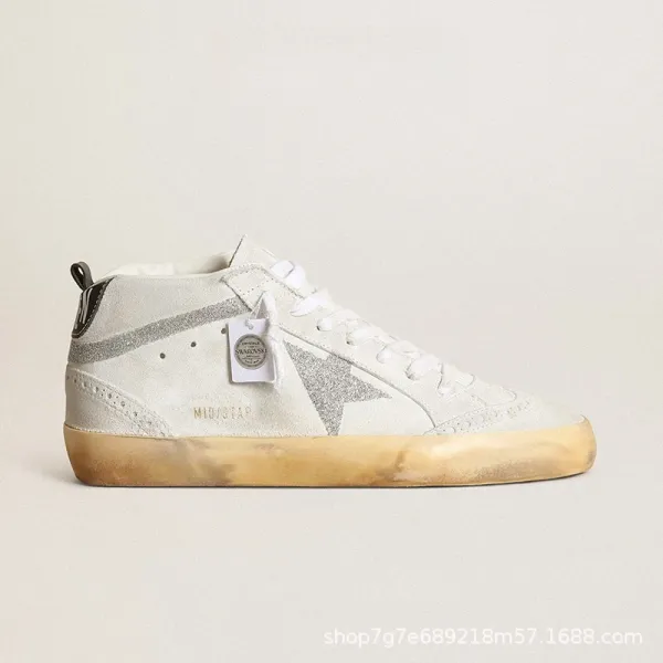 Golden Goose Mid Star White and Silver Glitter Sneakers - 1